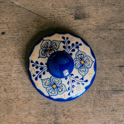 Blue stoneware sugar bowl with lid removed - Mexican pottery