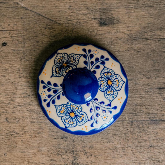 Blue stoneware sugar bowl with lid removed - Mexican pottery