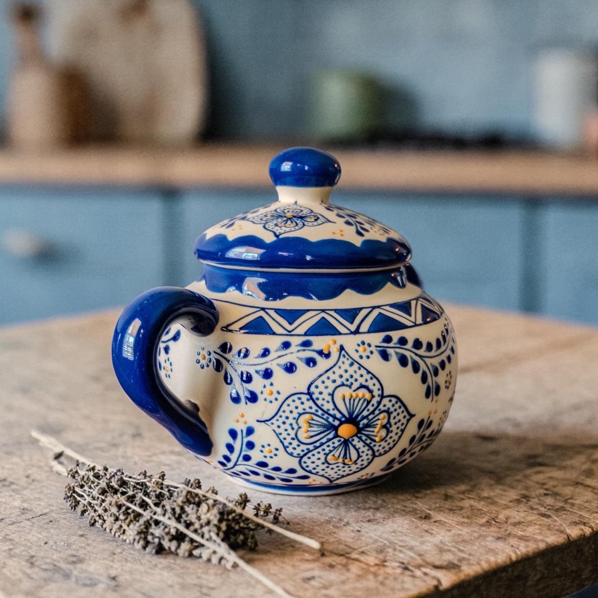 Hand-painted blue floral sugar bowl top view - handmade stoneware