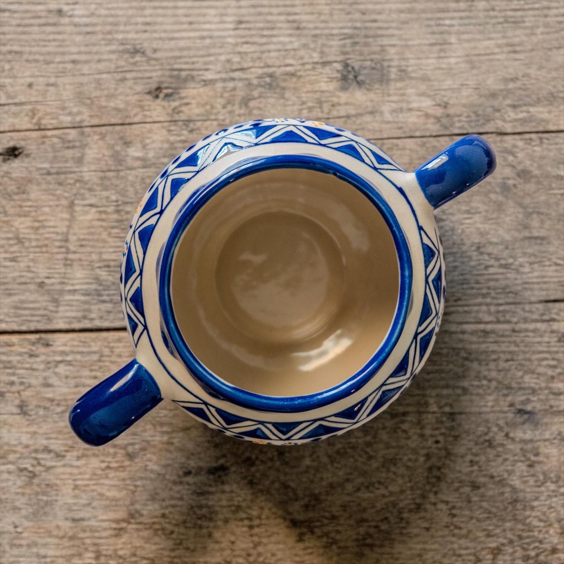 Blue Talavera ceramic sugar bowl on coffee bar - Mexican decor