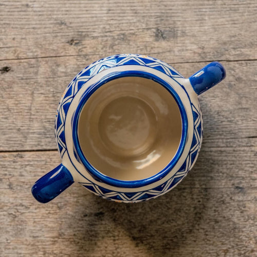 Blue Talavera ceramic sugar bowl on coffee bar - Mexican decor