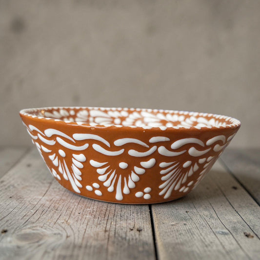 Brown Talavera serving bowl hand-painted pattern detail