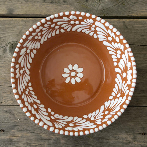 Brown Mexican pottery serving bowl side view