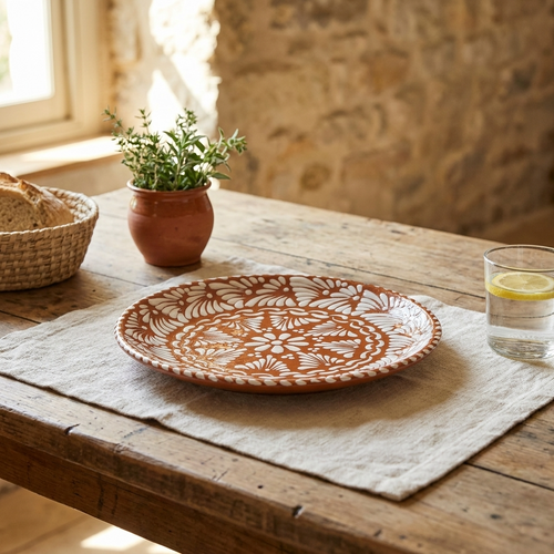 Brown Talavera serving plate detail, handmade Mexican pottery