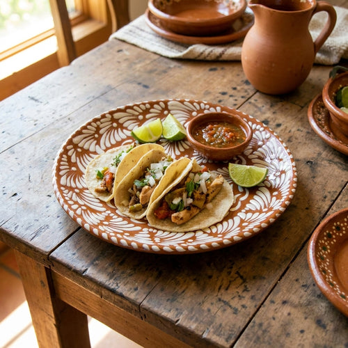 Brown Talavera serving plate 10 inch with floral design, handmade Mexican pottery