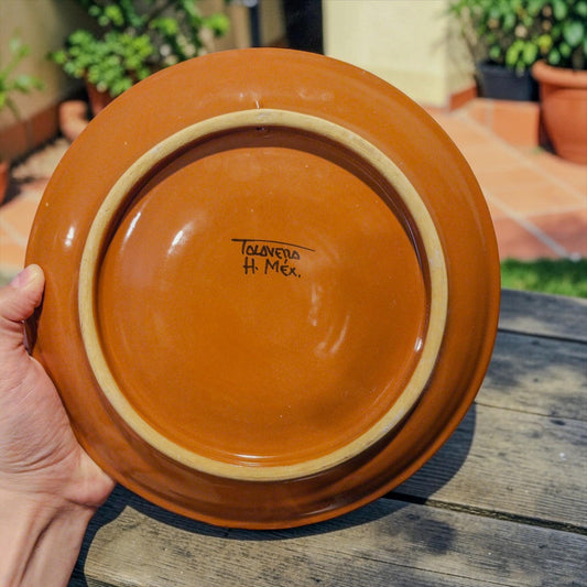 Brown Talavera plate with food on table, handmade Mexican pottery