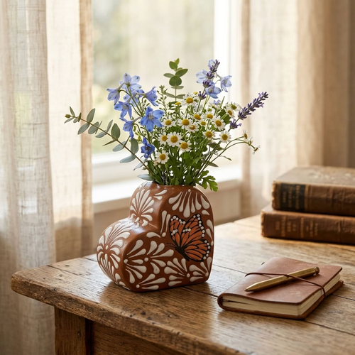 Hand-painted butterfly heart flower vase, Mexican Talavera folk art