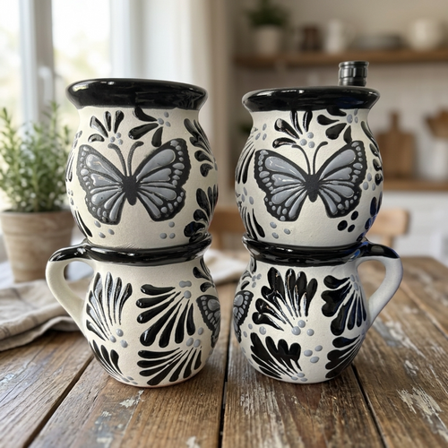 Butterfly Talavera jarrito mug hand-painted with gray monarch and black brushwork, handmade in Mexico