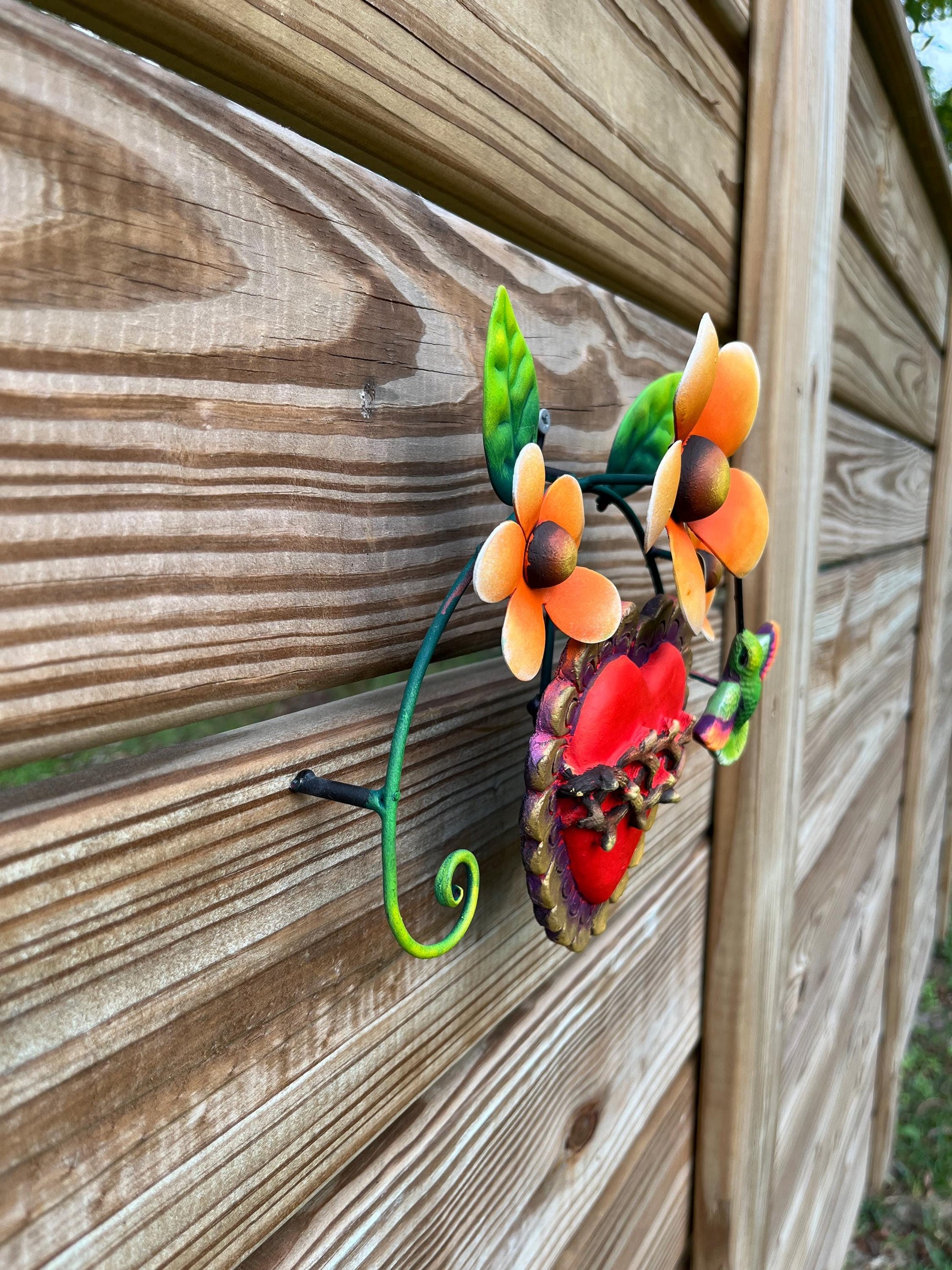 Heart with hummingbird metal wall decor gift for anniversary, handmade Mexican folk art