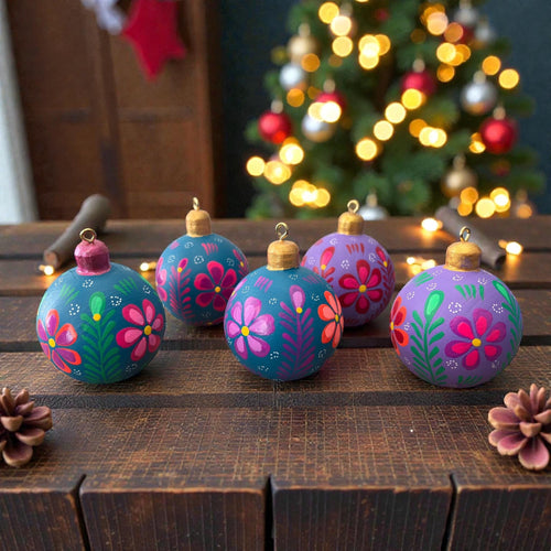Hand-painted Oaxacan wooden Christmas ornament with flowers, ready to hang