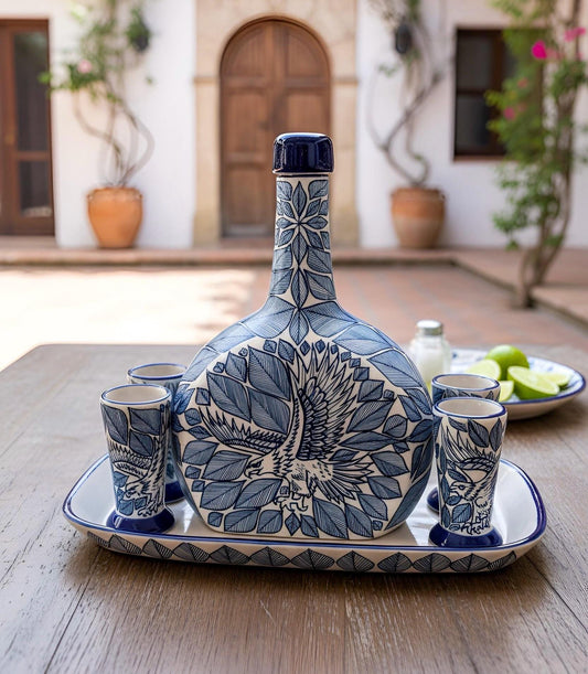 Stoneware Decanter Set with 4 tequila shots and base - Handmade -