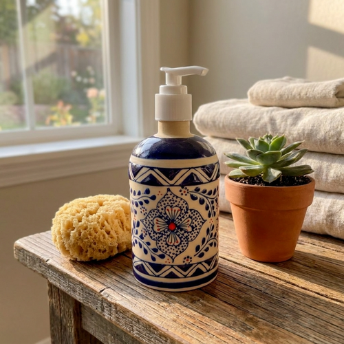 Handmade ceramic soap dispenser on a countertop, Mexican stoneware pottery