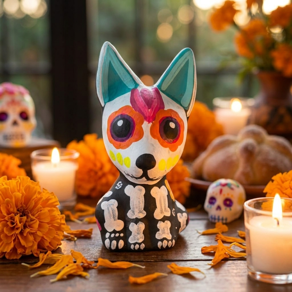 Hand-painted clay skeleton dog alebrije, Mexican folk art figurine