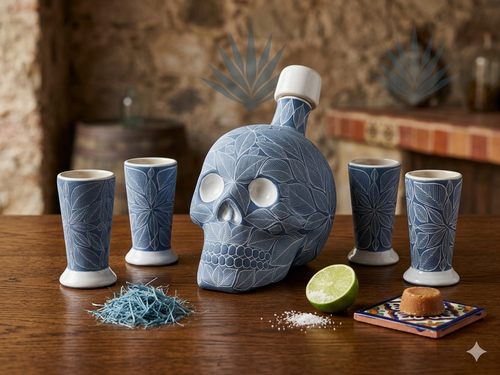 Cobalt blue Mexican skull decanter set styled with lime, salt and agave, handmade Day of the Dead tequila set