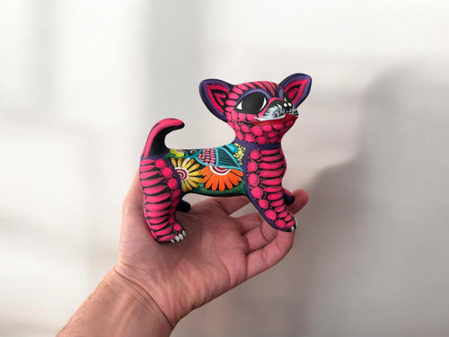 Blue dog alebrije handmade clay figurine, authentic Mexican folk art decor
