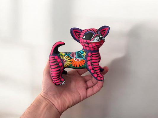 Blue dog alebrije handmade clay figurine, authentic Mexican folk art decor