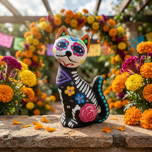 Day of the Dead cat alebrije with a hand-painted sugar-skull face and flowers, handmade Mexican clay folk art