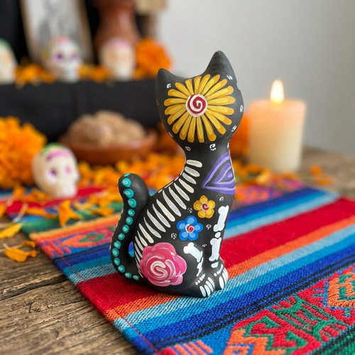 Handmade Day of the Dead cat figurine, a one-of-a-kind hand-painted alebrije for ofrendas and altars