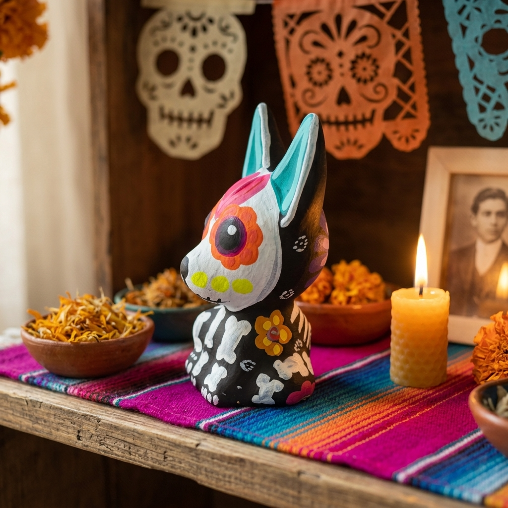 Day of the Dead clay dog alebrije with marigolds, candles, and pan de muerto