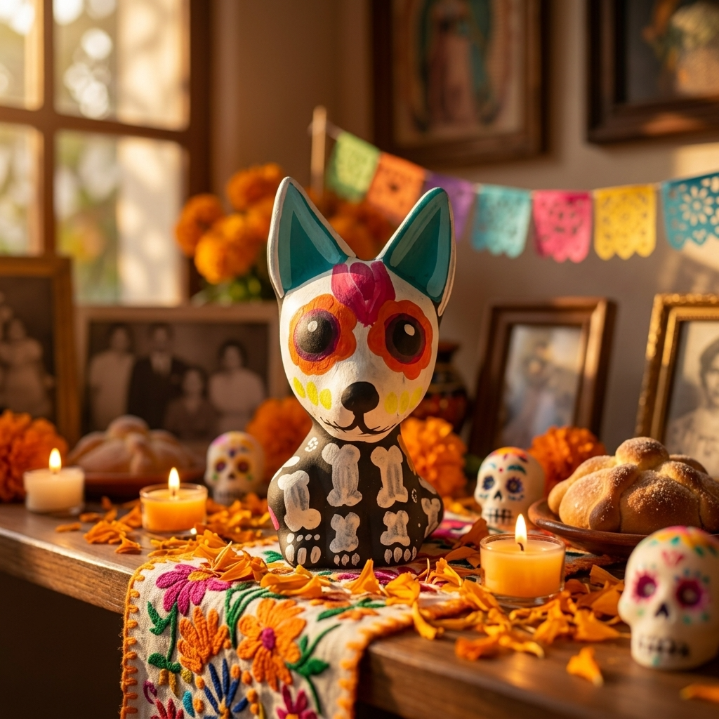 Day of the Dead dog alebrije on an ofrenda altar with marigolds and candles