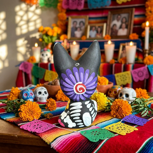 Day of the Dead dog alebrije, back view showing skeleton bones and flower design