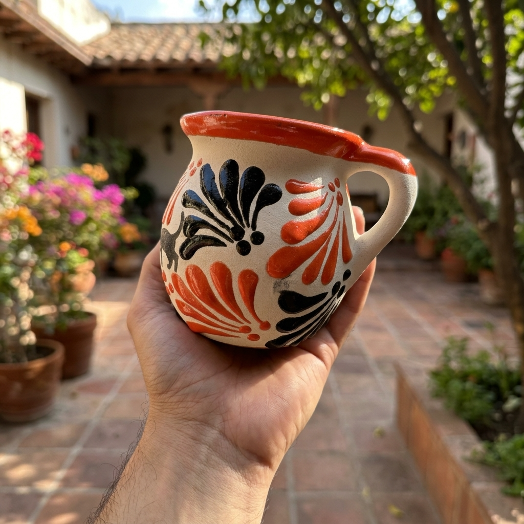 Day of the Dead Talavera jarrito mug with steaming coffee, hand-painted ghost and pumpkin design