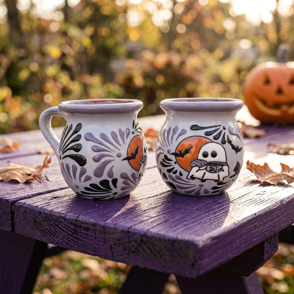 Day of the Dead Talavera jarrito mug with hand-painted ghost design, Mexican Halloween pottery