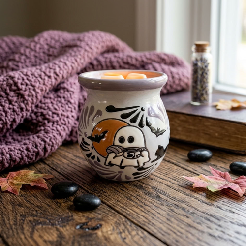 Hand-painted Talavera Day of the Dead jarrito mug, Mexican Halloween ghost design