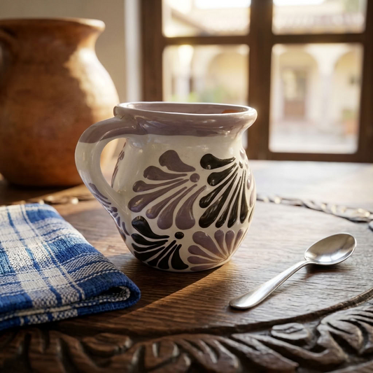 White Talavera ghost jarrito mug, handmade Mexican Day of the Dead pottery