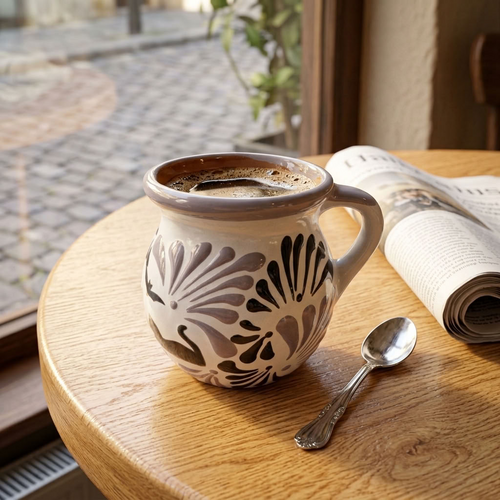 Hand-painted ghost Talavera jarrito mug for Día de Muertos, Mexican pottery