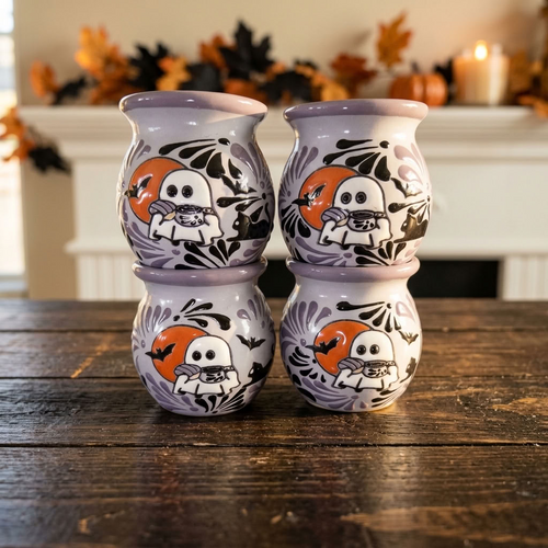 Set of Day of the Dead Talavera jarrito mugs, handmade Mexican Halloween pottery
