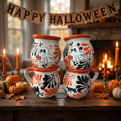Hand-painted Day of the Dead Talavera mug with black cat design and orange cocktail garnish