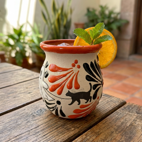 Day of the Dead Talavera mug held in hand showing black cat and orange Talavera brushwork