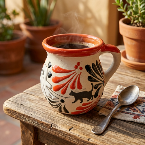 Set of Day of the Dead Talavera mugs stacked with Happy Halloween banner and pumpkins