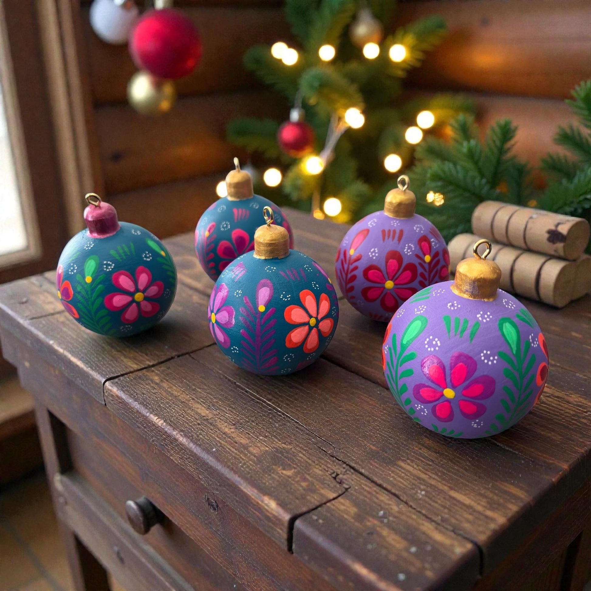 Hand-painted wooden Christmas ornament with loop top, Oaxacan folk art