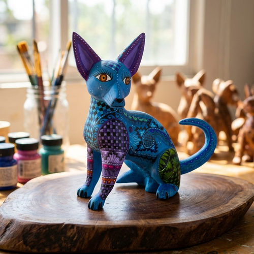 Blue dog alebrije, hand-painted Oaxacan wood carving, angled view