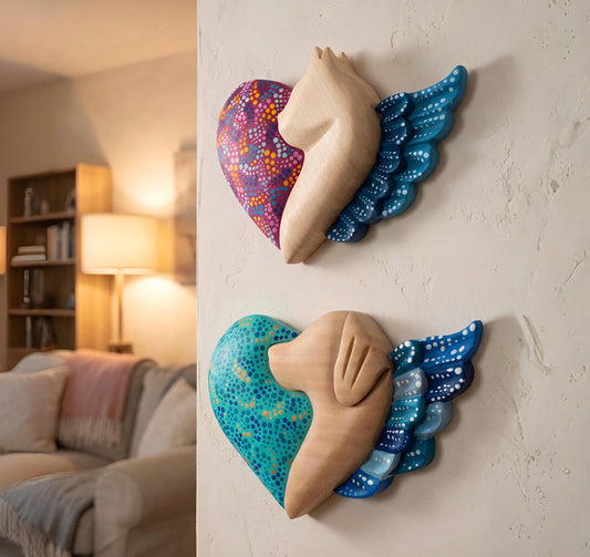 Wood dog and cat heart wall art in magenta and blue, handcarved Mexican folk art