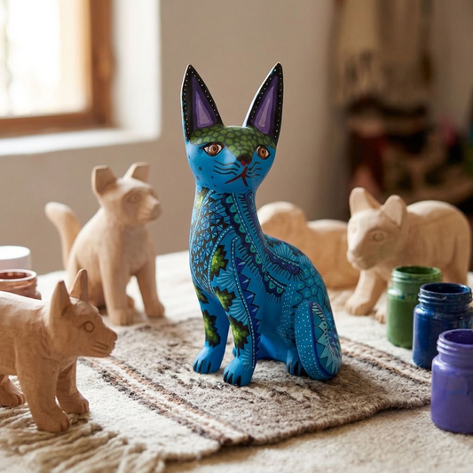 Cat Alebrije - Hand-Carved Oaxacan Wood Folk Art by Norberto Fabián Xuana