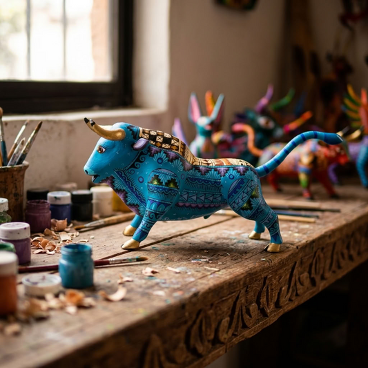 Bull Alebrije - Hand-Carved Oaxacan Wood Folk Art by Norberto Fabián Xuana