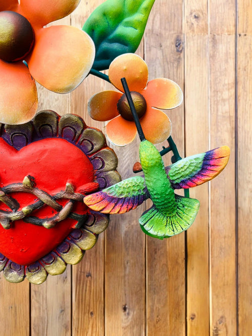 Heart and hummingbird metal wall art side view showing dimension, handmade in Mexico