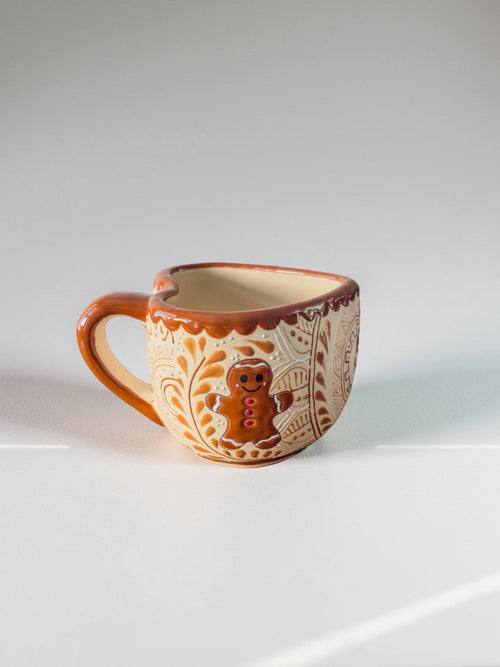 Gingerbread man mug detail of hand-painted Christmas design