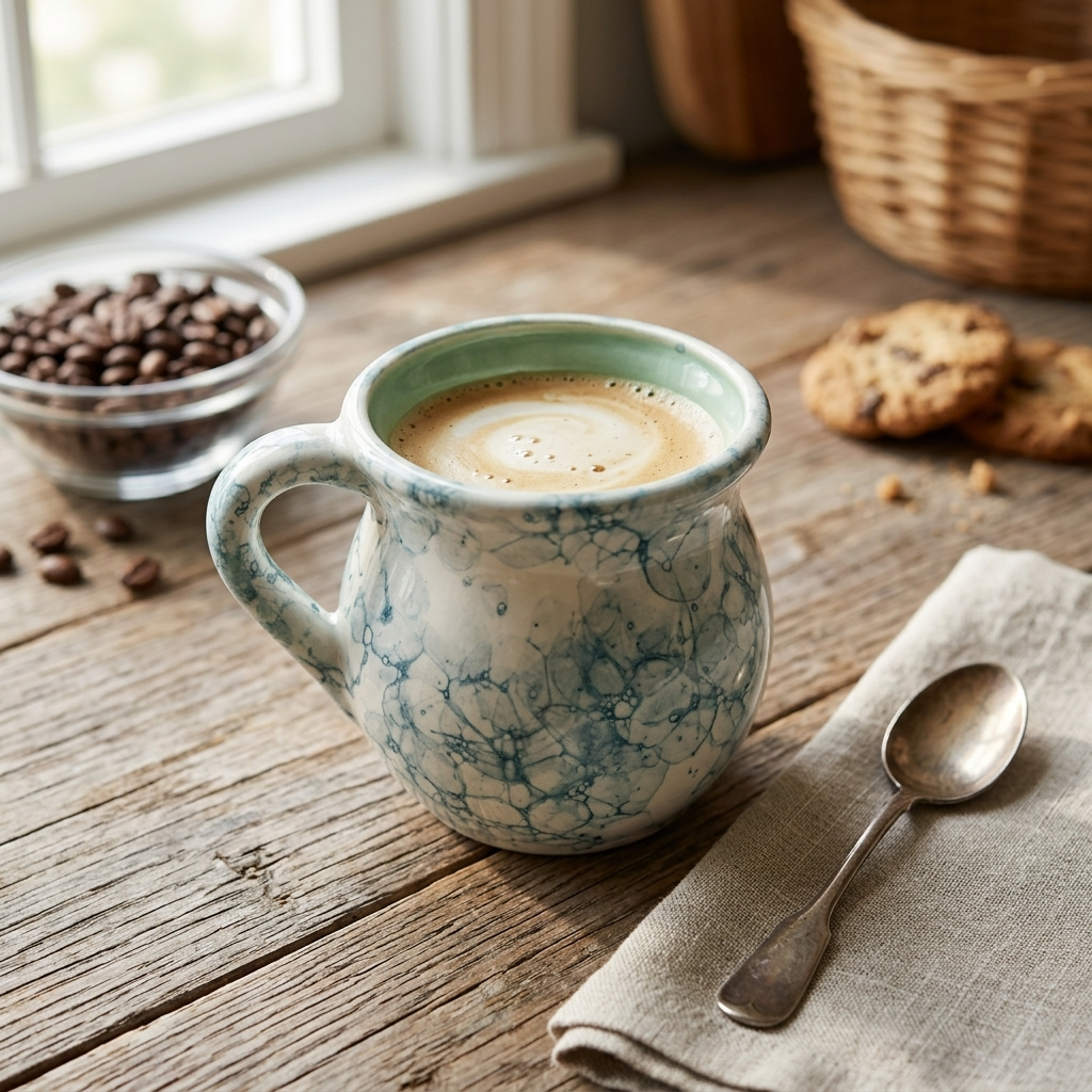Green marbled ceramic jarrito mug, handmade lead-free Mexican pottery