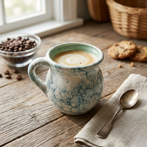 Green marbled ceramic jarrito mug, handmade lead-free Mexican pottery