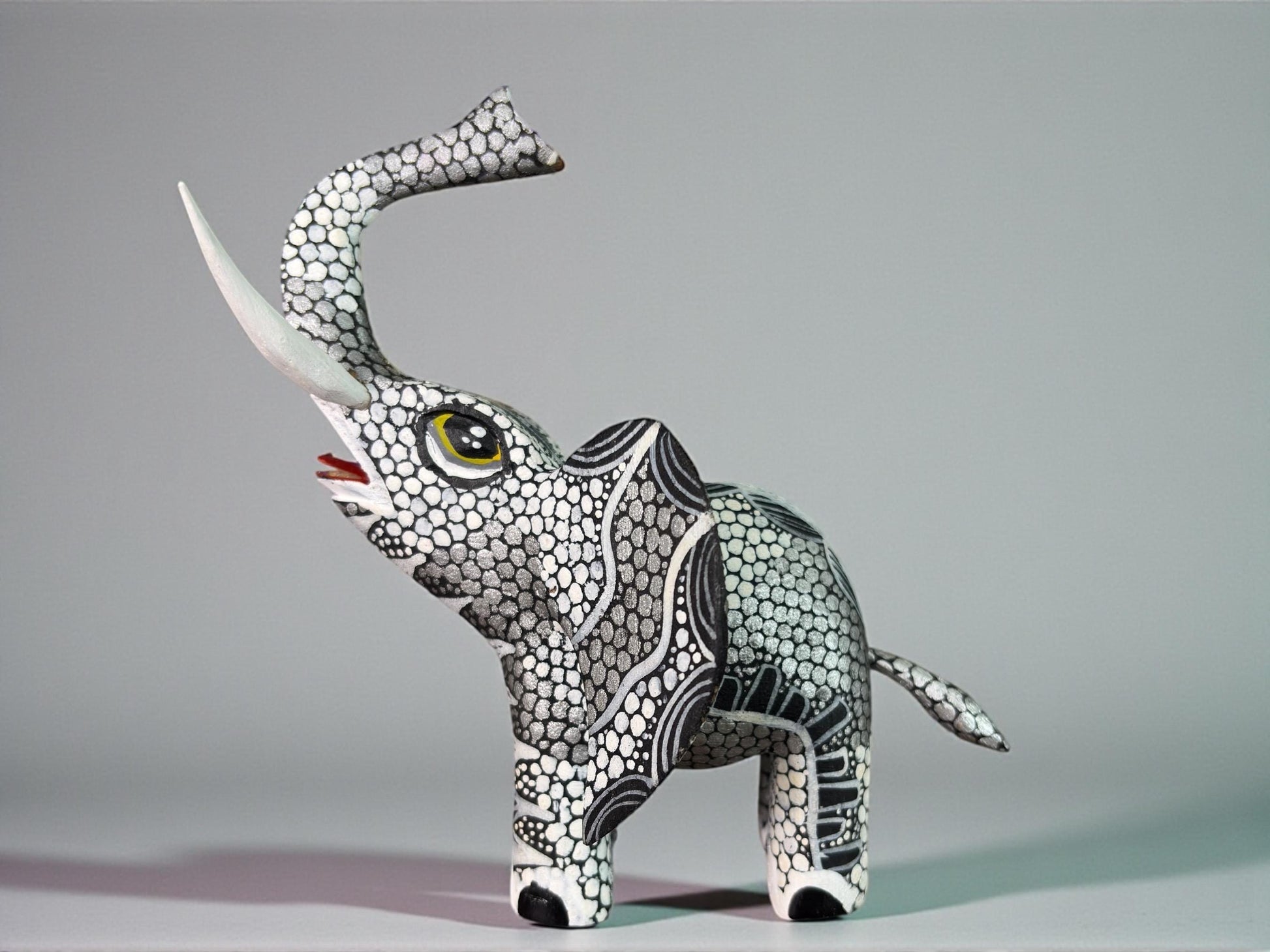 Hand-carved elephant alebrije, Oaxacan wood folk art detail