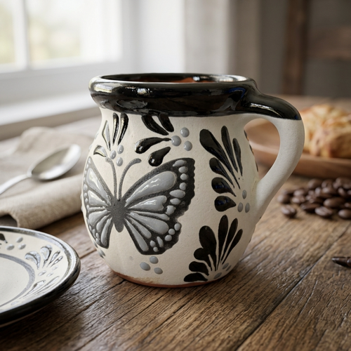 Hand-painted butterfly jarrito mug with traditional black feather Talavera pattern