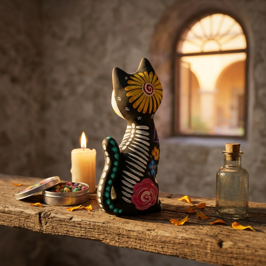 Hand-painted clay skeleton cat alebrije in the Day of the Dead calavera style, made in Guanajuato, Mexico
