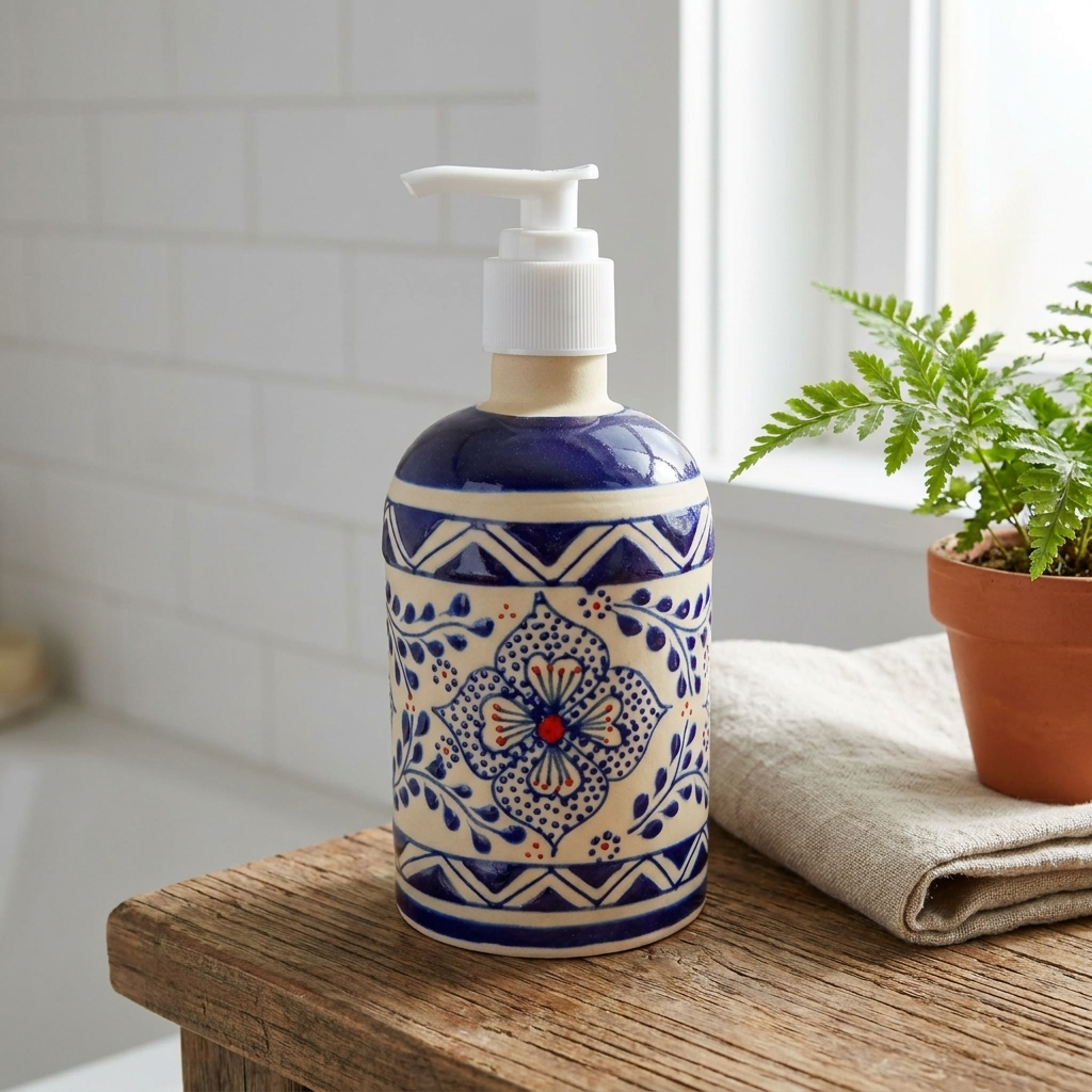 Handmade Blue stoneware ceramic soap dispenser with floral design made in Mexico