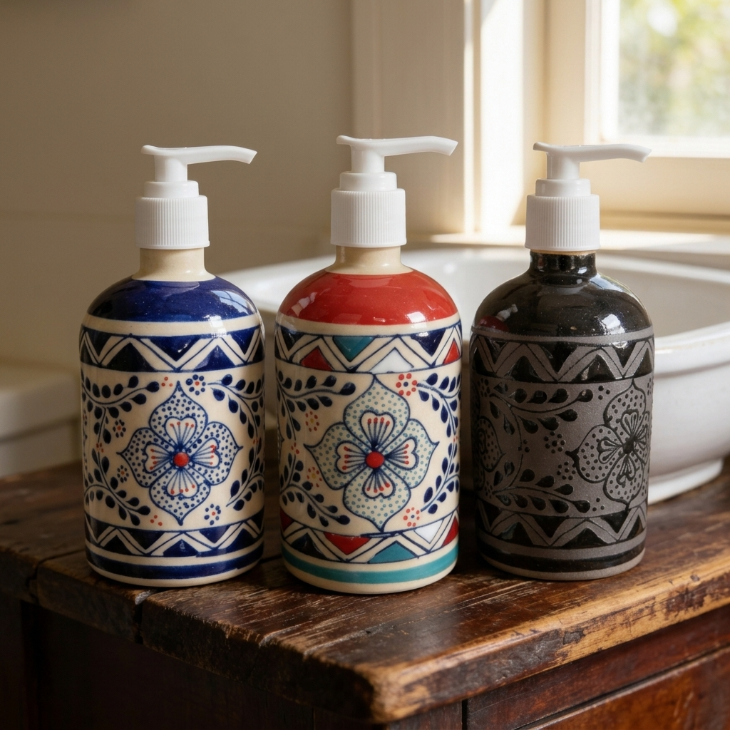 Handmade stoneware ceramic soap dispenser with floral design made in Mexico