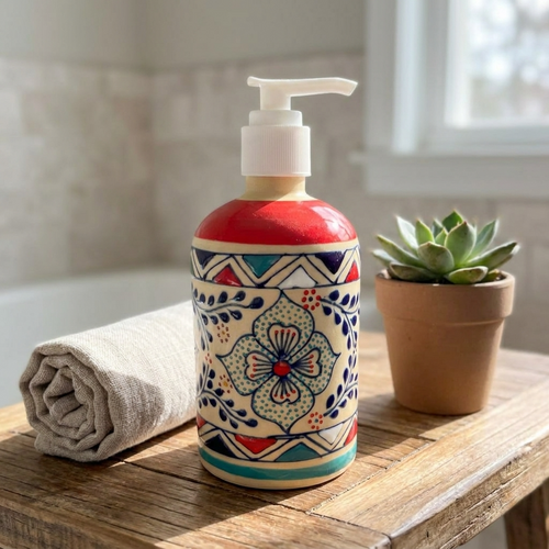 Handmade multicolor stoneware ceramic soap dispenser with floral design made in Mexico