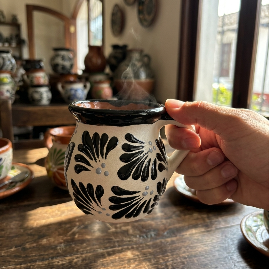 Handmade Mexican butterfly mugs, cream clay Talavera jarritos with monarch design